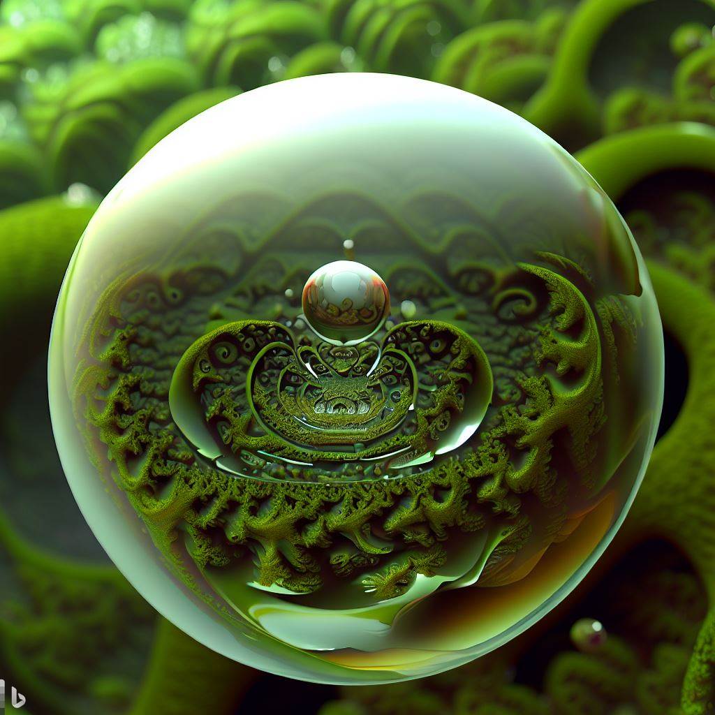 2- a 3d hyper-real raindrop centred in a mossy fractal rainforest contains jubilant recursion Escher-esque calm loving grace.jpg